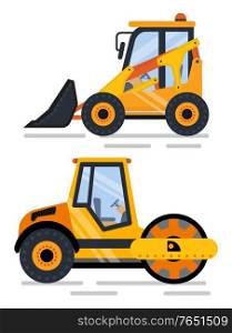 Equipment helping in construction and building vector. Isolated machine bulldozer and truck, assistance in work. Automated system cars set flat style. Construction Equipment and Machinery Building