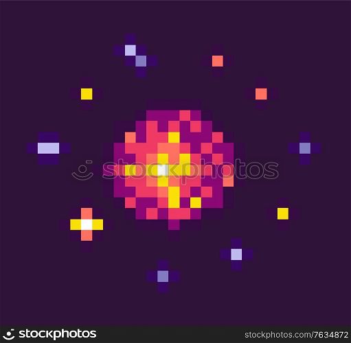 Equipment of pixel game. Powerful explosion on black background. 8 bit graphics of elements, pixel-art bomb bang, pixelated cosmic object for mobile app games. Bang burst explode flash nuclear bubble. Powerful Explosion for Pixel Game