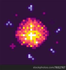 Equipment of pixel game. Powerful explosion on black background. 8 bit graphics of elements, pixel-art bomb bang, pixelated cosmic object for mobile app games. Bang burst explode flash nuclear bubble. Powerful Explosion for Pixel Game