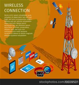 Equipment of wireless connection on yellow background. Vector illustration of volant satellites transmits to high tower with dishes. Two smart watches, wi-fi router, tablet and phone, monthly calendar. Equipment of Wireless Connection High Tower Beep