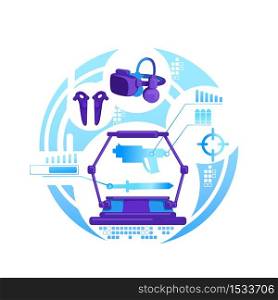 Equipment set for VR gaming 2D vector web banner, poster. Virtual reality devices flat objects on cartoon background. Simulator for entertainment. Innovative technology for video games colorful scene. Equipment set for VR gaming 2D vector web banner, poster