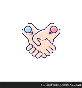 Equitable relationships RGB color icon. Partnership between women and men. Gender equality achievement. Non-discrimination. Human rights. Isolated vector illustration. Simple filled line drawing. Equitable relationships RGB color icon