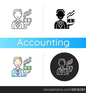 Equity icon. Ownership of assets that may have debts or liabilities attached to them. Different methods used for accounting. Linear black and RGB color styles. Isolated vector illustrations. Equity icon