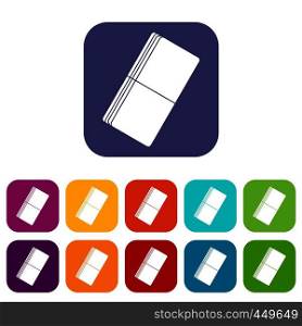Eraser icons set vector illustration in flat style In colors red, blue, green and other. Eraser icons set flat