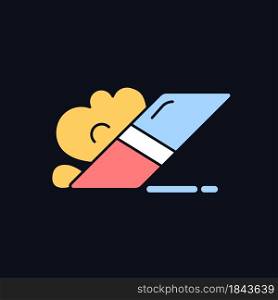 Eraser RGB color icon for dark theme. Item for rubbing away pencil marks from paper. Scraping off ink. Isolated vector illustration on night mode background. Simple filled line drawing on black. Eraser RGB color icon for dark theme