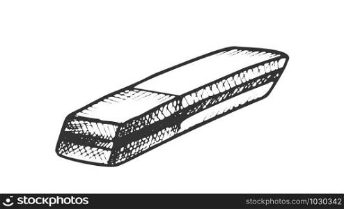 Eraser Stationery Equipment Monochrome Vector. Eraser For Correction Mistake In Document. Rubber Tool Engraving Concept Template Hand Drawn In Vintage Style Black And White Illustration. Eraser Stationery Equipment Monochrome Vector