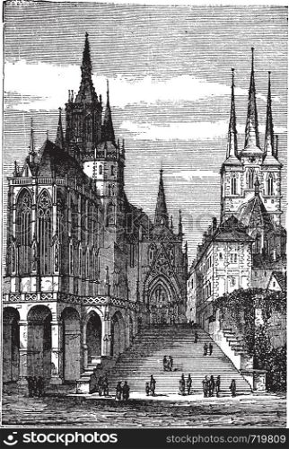 Erfurt Cathedral in Thuringia, Germany, during the 1890s, vintage engraving. Old engraved illustration of Erfurt Cathedral.