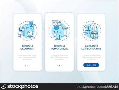 Ergonomic design benefits onboarding mobile app page screen with concepts. Reducing problems, human failures walkthrough 3 steps graphic instructions. UI vector template with RGB color illustrations. Ergonomic design benefits onboarding mobile app page screen with concepts