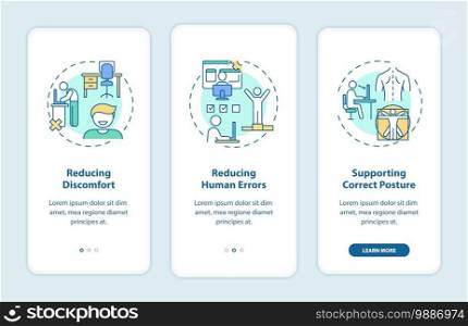 Ergonomic design benefits onboarding mobile app page screen with concepts. Reducing discomfort, human errors walkthrough 3 steps graphic instructions. UI vector template with RGB color illustrations. Ergonomic design benefits onboarding mobile app page screen with concepts