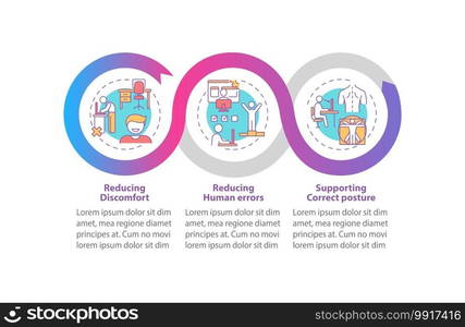 Ergonomic design vector infographic template. Reducing human failures, discomfort presentation design elements. Data visualization 3 steps. Process timeline chart. Workflow layout with linear icons. Ergonomic design vector infographic template