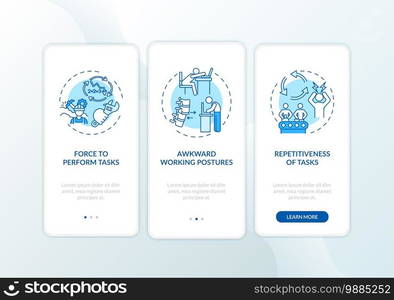 Ergonomic stressors onboarding mobile app page screen with concepts. Awkward working positions, repetitiveness walkthrough 3 steps graphic instructions. UI vector template with RGB color illustrations. Ergonomic stressors onboarding mobile app page screen with concepts