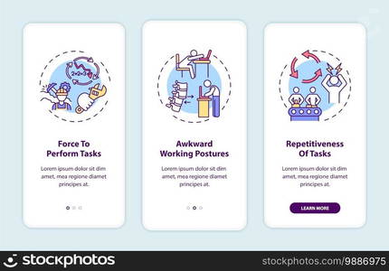 Ergonomic stressors onboarding mobile app page screen with concepts. High force loads, awkward postures walkthrough 3 steps graphic instructions. UI vector template with RGB color illustrations. Ergonomic stressors onboarding mobile app page screen with concepts