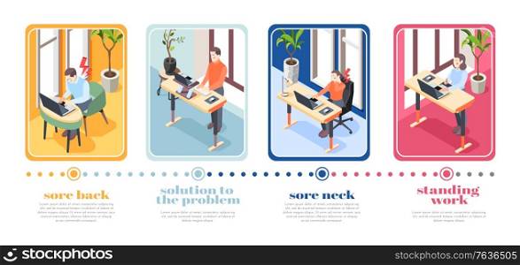 Ergonomic workplace four posters illustrated correct sitting and standing posture for using computer vector illustration