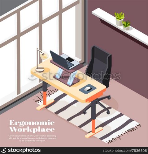 Ergonomic workplace isometric background with desk for laptop and office chairs with casters vector illustration