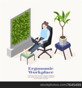 Ergonomic workplace isometric composition with girl working with computer in comfortable position vector illustration