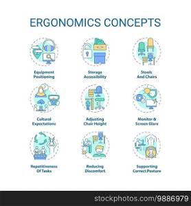 Ergonomics concept icons set. Safe and healthful workplace idea thin line RGB color illustrations. Reducing discomfort. Equipment positioning. Vector isolated outline drawings. Editable stroke. Ergonomics concept icons set