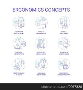 Ergonomics concept icons set. Safe and healthful workplace idea thin line RGB color illustrations. Monitor and screen glare. Supporting correct posture. Vector isolated outline drawings. Ergonomics concept icons set