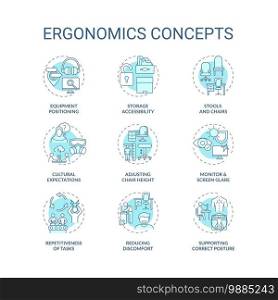 Ergonomics concept icons set. Safe workplace idea thin line RGB color illustrations. Correct posture. Storage accessibility. Cultural expectations. Vector isolated outline drawings. Editable stroke. Ergonomics concept icons set