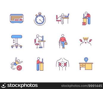 Ergonomics in workplace RGB color icons set. Sedentary work environment. Healthy posture. Cultural diversity. Employees with disabilities. Maximizing performance. Isolated vector illustrations. Ergonomics in workplace RGB color icons set