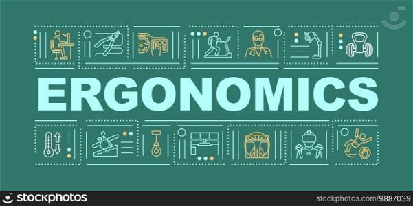 Ergonomics word concepts banner. Health protection body treatment product creation. Infographics with linear icons on green background. Isolated typography. Vector outline RGB color illustration. Ergonomics word concepts banner