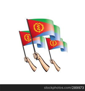 Eritrea flag and hand on white background. Vector illustration.. Eritrea flag and hand on white background. Vector illustration