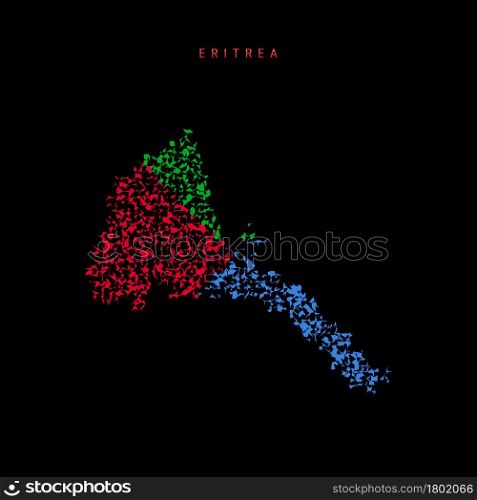 Eritrea flag map, chaotic particles pattern in the colors of the Eritrean flag. Vector illustration isolated on black background.. Eritrea flag map, chaotic particles pattern in the Eritrean flag colors. Vector illustration
