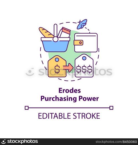 Erodes purchasing power concept icon. Consumer price index. Effect of inflation abstract idea thin line illustration. Isolated outline drawing. Editable stroke. Arial, Myriad Pro-Bold fonts used. Erodes purchasing power concept icon