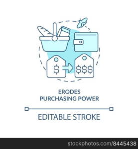 Erodes purchasing power turquoise concept icon. Consumer price index. Inflation abstract idea thin line illustration. Isolated outline drawing. Editable stroke. Arial, Myriad Pro-Bold fonts used. Erodes purchasing power turquoise concept icon