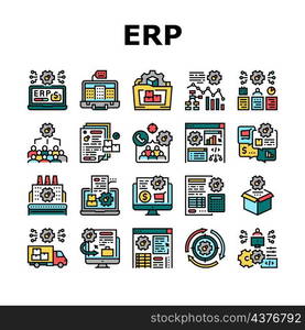 Erp Enterprise Resource Planning Icons Set Vector. Erp Manufacturing Processing And Production, Planning Strategy And Management Tasks, Development Software And App Line. Color Illustrations. Erp Enterprise Resource Planning Icons Set Vector