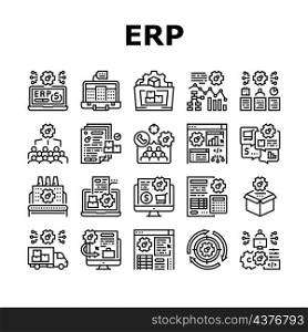 Erp Enterprise Resource Planning Icons Set Vector. Erp Manufacturing Processing And Production, Planning Strategy And Management Tasks, Development Software And App Black Contour Illustrations. Erp Enterprise Resource Planning Icons Set Vector