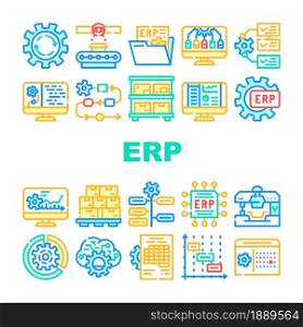 Erp Enterprise Resource Planning Icons Set Vector. Erp Working Process And Goods Production Control, Time Intervals And Deadline, Reporting System And Organization Line. Color Illustrations. Erp Enterprise Resource Planning Icons Set Vector