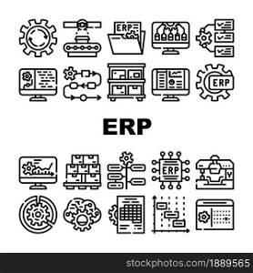 Erp Enterprise Resource Planning Icons Set Vector. Erp Working Process And Goods Production Control, Time Intervals And Deadline, Reporting System And Organization Contour Illustrations. Erp Enterprise Resource Planning Icons Set Vector