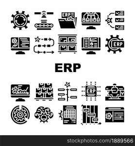 Erp Enterprise Resource Planning Icons Set Vector. Erp Working Process And Goods Production Control, Time Intervals And Deadline, Reporting System And Organization Glyph Pictograms Black Illustrations. Erp Enterprise Resource Planning Icons Set Vector