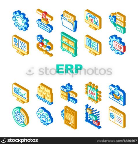 Erp Enterprise Resource Planning Icons Set Vector. Erp Working Process And Goods Production Control, Time Intervals And Deadline, Reporting System And Organization Isometric Sign Color Illustrations. Erp Enterprise Resource Planning Icons Set Vector