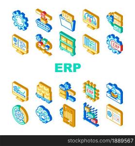 Erp Enterprise Resource Planning Icons Set Vector. Erp Working Process And Goods Production Control, Time Intervals And Deadline, Reporting System And Organization Isometric Sign Color Illustrations. Erp Enterprise Resource Planning Icons Set Vector