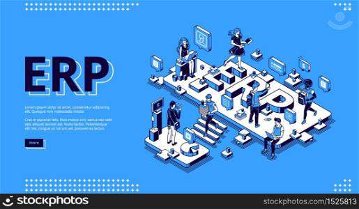 ERP, enterprise resource planning isometric landing page. Productivity and improvement system, data analysis business integration concept, business people work in office 3d vector line art web banner. ERP enterprise resource planning isometric landing
