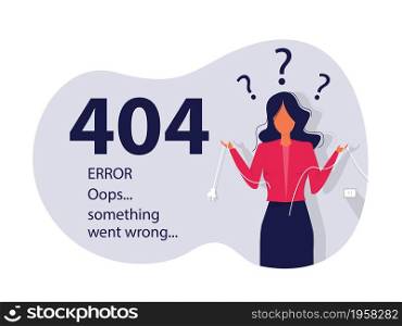 Error 404 landing page woman holding unplugged cable, Page not found website concept vector illustrator.