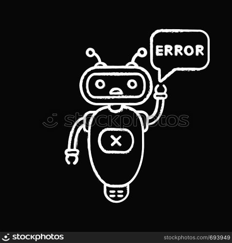 Error chatbot chalk icon. Talkbot with error in speech bubble. Online customer support. Virtual assistant. Modern robot. Isolated vector chalkboard illustration. Error chatbot chalk icon