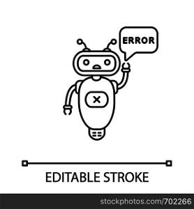 Error chatbot linear icon. Thin line illustration. Talkbot with error in chat bubble. Online support. Virtual assistant. Modern robot. Contour symbol. Vector isolated outline drawing. Editable stroke. Error chatbot linear icon