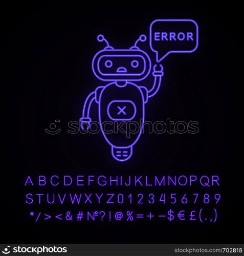Error chatbot neon light icon. Talkbot with error in speech bubble. Online support. Virtual assistant. Modern robot. Glowing sign with alphabet, numbers and symbols. Vector isolated illustration. Error chatbot neon light icon