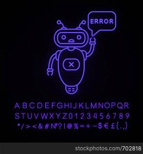 Error chatbot neon light icon. Talkbot with error in speech bubble. Online support. Virtual assistant. Modern robot. Glowing sign with alphabet, numbers and symbols. Vector isolated illustration. Error chatbot neon light icon