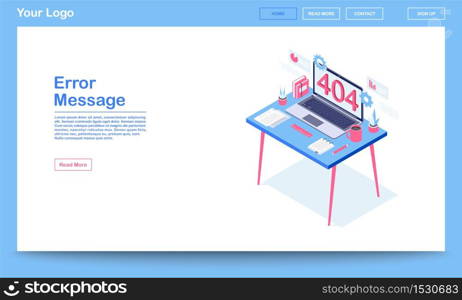 Error message isometric landing page template. 404 error webpage with text space. Server not found, broken link notification on laptop display. Browsing problem standard code webpage . Error message isometric landing page template. 404 error webpage with text space. Server not found, broken link notification on laptop display. Browsing problem standard code webpage