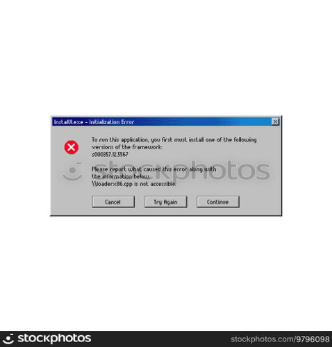 Error message window, application installation, vector PC popup notification. Install run and initialization error message window for computer framework with buttons to Cancel, Continue and Try Again. Error message window, application installation