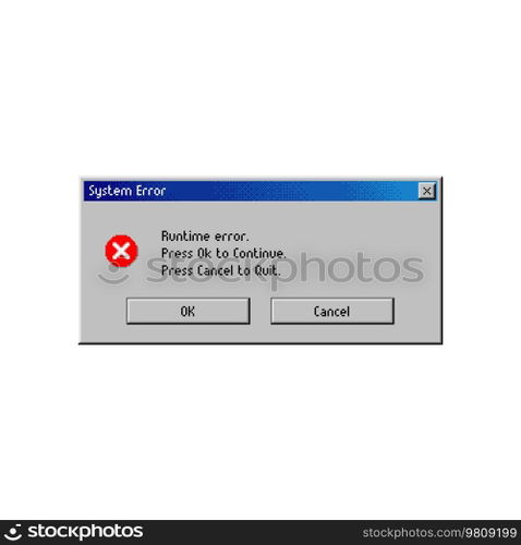 Error message window on computer system warning screen, vector popup message. Runtime error or PC alert message window option button to cancel, quit and continue, computer system error notification. Error message window on computer system warning