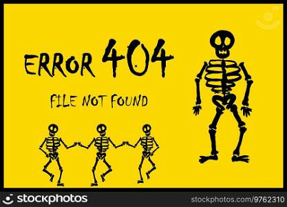 error page 404 and scary skeleton,on yellow background,stock cartoon vector illustration. error page 404 and scary skeleton,on yellow background