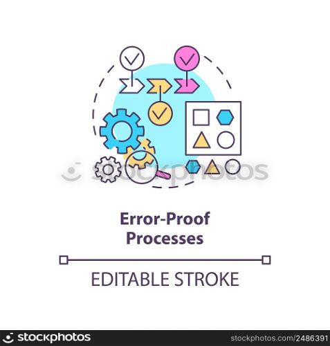 Error proof processes concept icon. Prevent fails. Lean manufacturing principle abstract idea thin line illustration. Isolated outline drawing. Editable stroke. Arial, Myriad Pro-Bold fonts used. Error proof processes concept icon