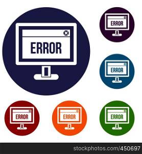 Error sign on a computer monitor icons set in flat circle reb, blue and green color for web. Error sign on a computer monitor icons set
