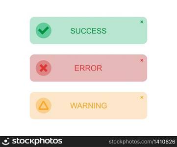 Error, success and warning notification messages. Set of computer alert window popup. System alert banner. Illustration of error or warning label. Isolated flat information buttons. Vector EPS 10
