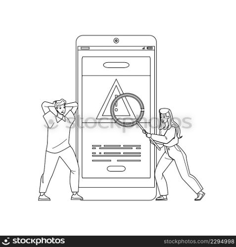 Error Warning Smartphone Operating System Black Line Pencil Drawing Vector. Shocked Man And Woman Researching Error Warning Alarm Message On Mobile Phone Display. Characters Research Gadget Problem. Error Warning Smartphone Operating System Vector