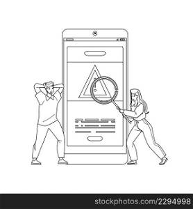Error Warning Smartphone Operating System Black Line Pencil Drawing Vector. Shocked Man And Woman Researching Error Warning Alarm Message On Mobile Phone Display. Characters Research Gadget Problem. Error Warning Smartphone Operating System Vector